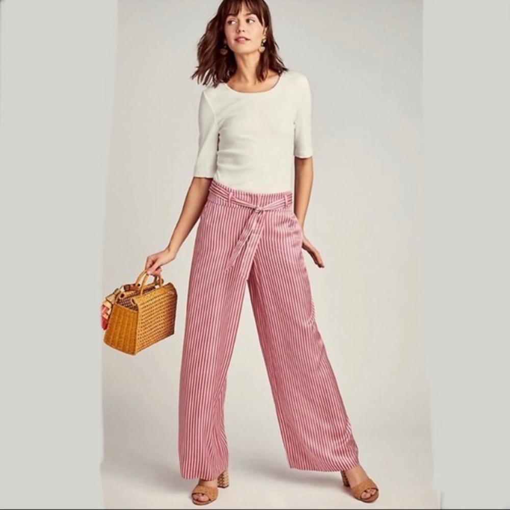 Anthropologie Ett : twa Pink Wide Leg Striped Pants Trousers 6
